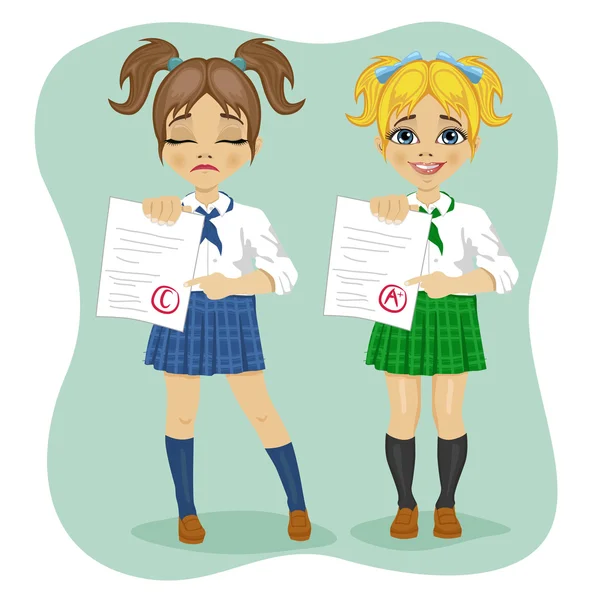 Young schoolgirls showing exam with good and bad test results — Stock Vector