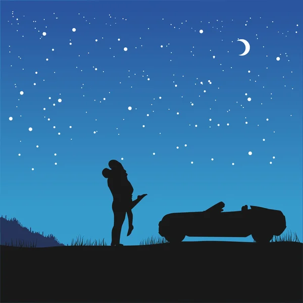 Couple amoureux dans un câlin debout à côté de leur voiture sous le ciel nocturne avec des étoiles et croissant — Image vectorielle