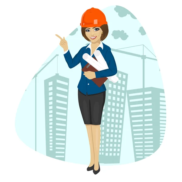 Woman construction worker wearing hard hat holding blueprints and clipboard pointing — Stock Vector