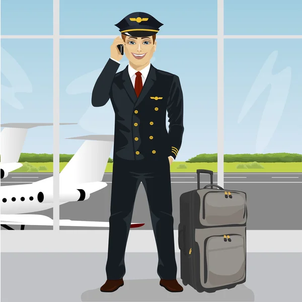 Young pilot talking on phone with luggage in front of an airport observation deck — Stock Vector