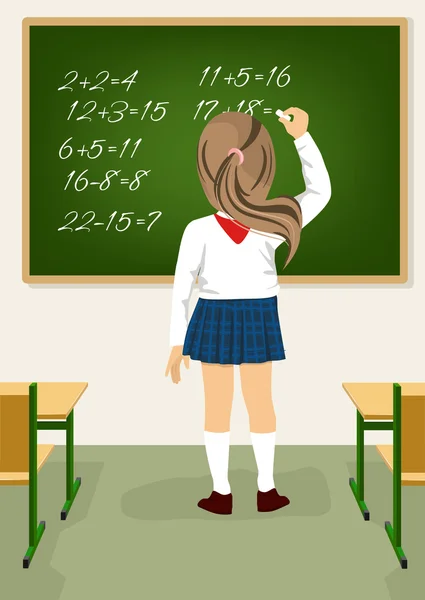 Back view of schoolgirl solving arithmetical on blackboard — Stock Vector