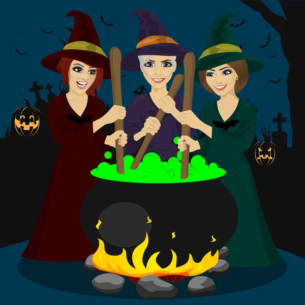 Drie halloween jonge heksen maken potion — Stockvector