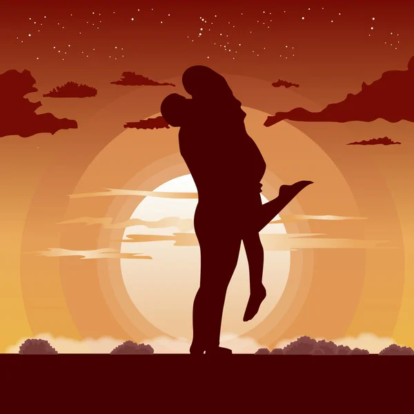 Silhouette of loving couple in hug at sunset — Stock Vector