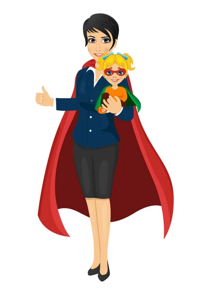 Мама супергероя в діловому костюмі тримає дочку руками і показує великі пальці вгору — стоковий вектор