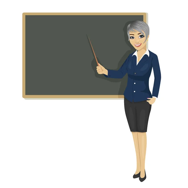 Vrouwelijke leraar met aanwijzer die naast schoolbord — Stockvector
