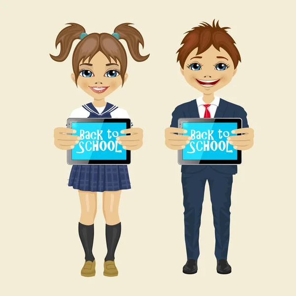 Παιδιά που παρουσιάζουν σε οθόνη υπολογιστή πίνακα με την πλάτη στο σχολείο κείμενο του μηνύματος — Διανυσματικό Αρχείο