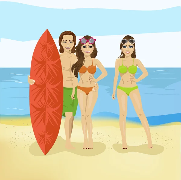 Ragazzo e due ragazze con tavola da surf sulla spiaggia mare oceano — Vettoriale Stock