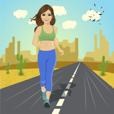 asfalt yol çöl, fitness ve sağlıklı yaşam konsepti üzerinde çalışan genç spor kadın