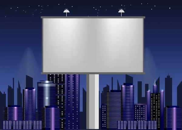 Grande publicité de panneau d'affichage blanc commercial au-dessus de la ville de nuit — Image vectorielle