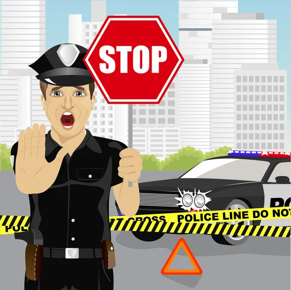 Policeman holding stop sign and showing stop gesture warning about the accident near police car — Stock Vector