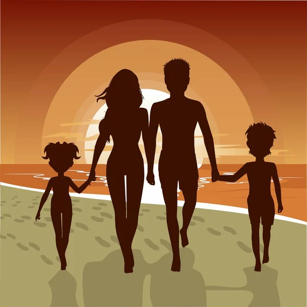 Silhouette of happy family walking along beach at sunset — Stock Vector
