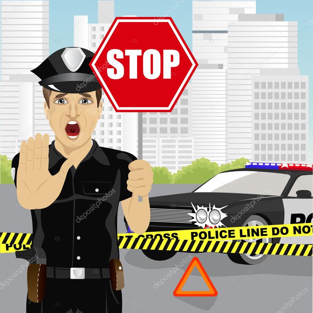 policeman holding stop sign and showing stop gesture warning about the accident near police car