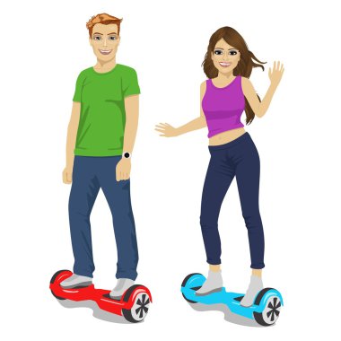 mutlu genç çift sürme gyroscooter - Eko taşıma, hoverboard, akıllı denge çarkı