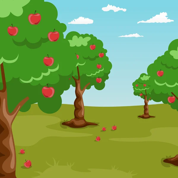 Árboles con manzanas rojas en huerto — Vector de stock