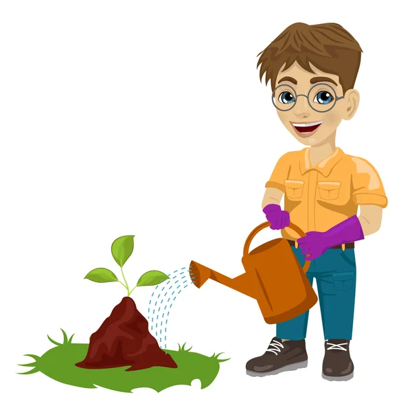 Young boy watering a plant — Stock Vector