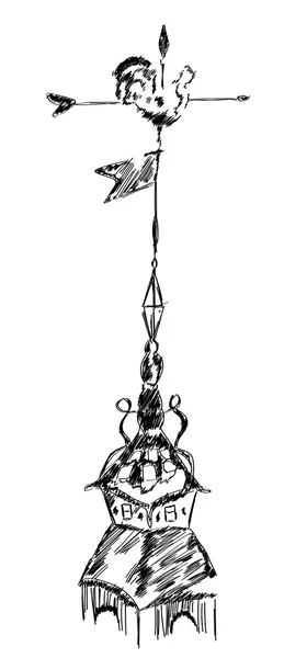 Esboço da palheta velha do tempo do metal do frango, da palheta do vento, ou do weathercock no telhado superior, ilustração desenhada à mão — Vetor de Stock
