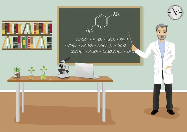 Zralý muž učitel dává přednášku v chemické učebně vedle tabule — Stockový vektor