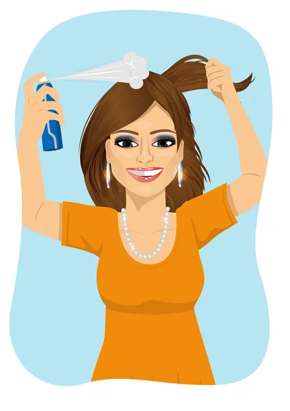 Joven hermosa mujer rociando su cabello con champú seco — Vector de stock