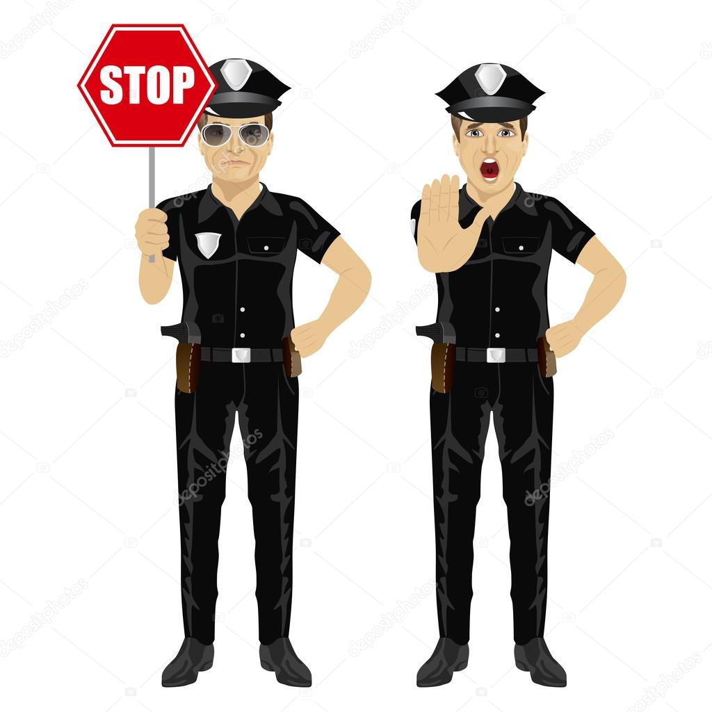 two policemen holding stop sign and showing stop gesture