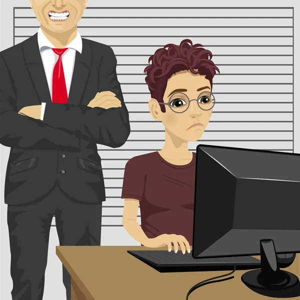 Jefe masculino enojado gritándole al empleado sentado en la mesa con la computadora PC — Vector de stock