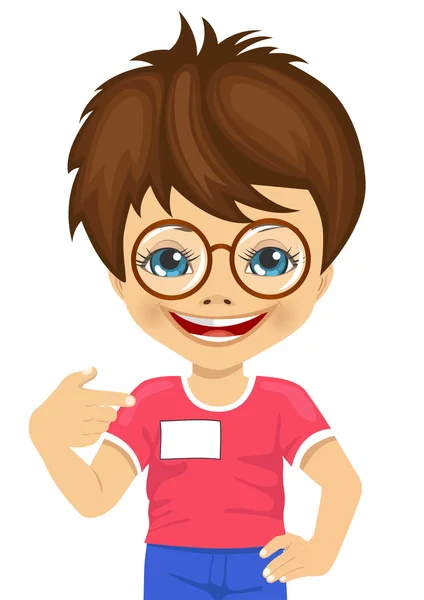 Little nerd boy with glasses showing his blank name tag — Stock Vector