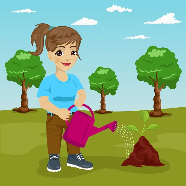 Милая маленькая девочка поливает растение в парке — стоковый вектор