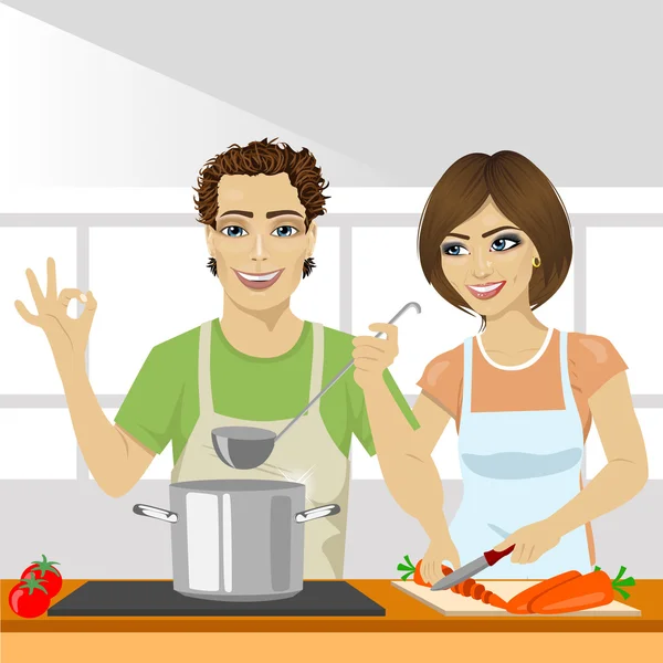 Jeune couple cuisine soupe ensemble dans la cuisine — Image vectorielle