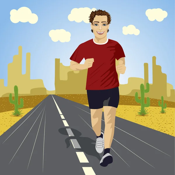 Joven deportista corriendo por carretera de asfalto en el desierto — Vector de stock