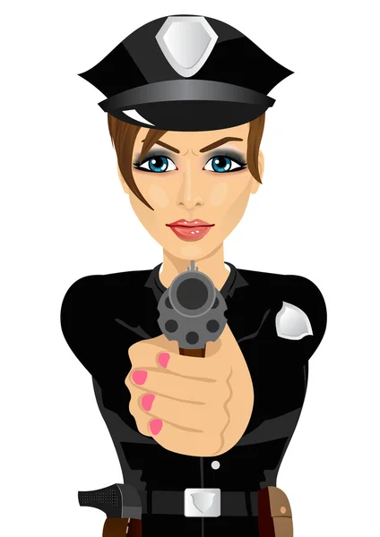 Young policewoman holding revolver gun — Stock Vector