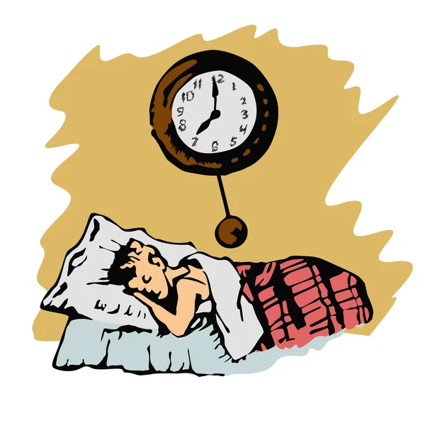 Croquis en couleur du garçon dort au lit et une horloge sur le mur, illustration dessinée à la main — Image vectorielle