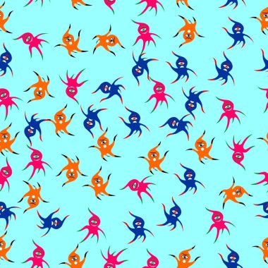 Neşeli renkli canavarlar ile mavi desen