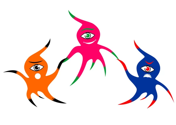 Tre glada färgglada enögde monster — Stock vektor