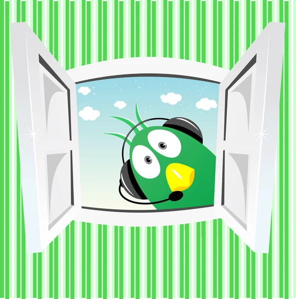 Lustiger grüner Vogel, der ins offene Fenster schaut — Stockvektor