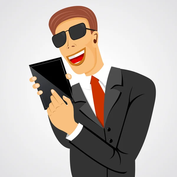 Улыбающийся бизнесмен держит планшет — стоковый вектор