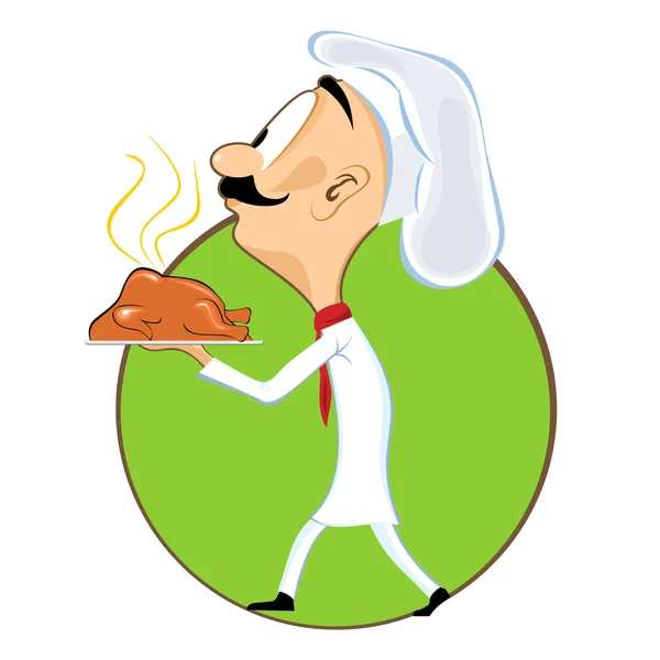 Chef de dibujos animados llevando bandeja con pollo — Vector de stock