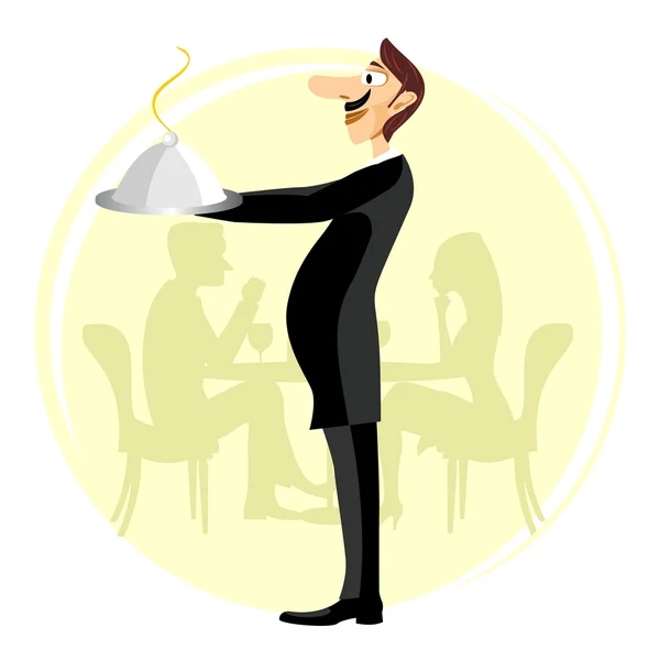 Funny waiter holding silver serving dome — Stock Vector