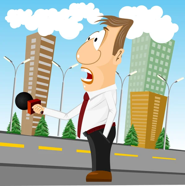 Repórter de notícias de desenhos animados com microfone —  Vetores de Stock
