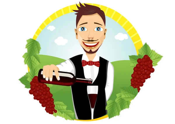 Jonge lachende ober giet rode wijn — Stockvector