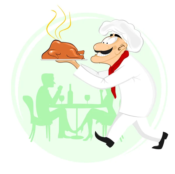 Smiling cook holding plate with roast chicken — Stock Vector