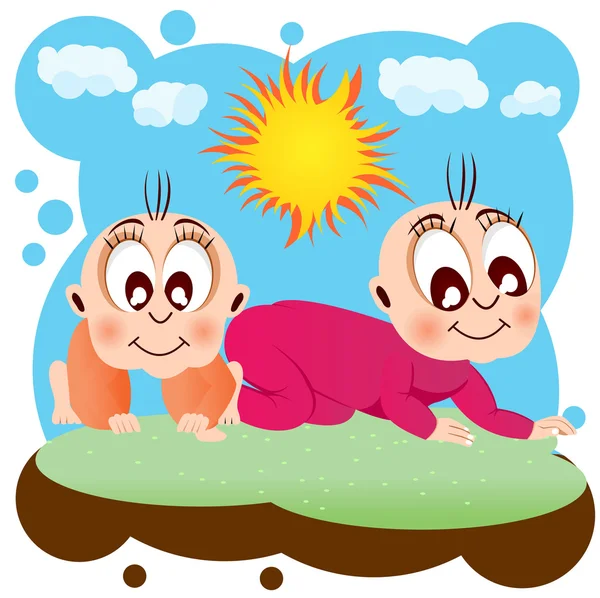 Zwei glückliche Babys krabbeln auf Gras — Stockvektor