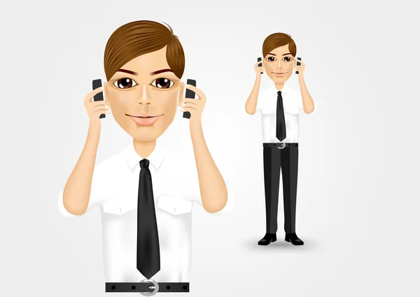 Бизнесмен разговаривает на двух мобильных телефонах — стоковый вектор