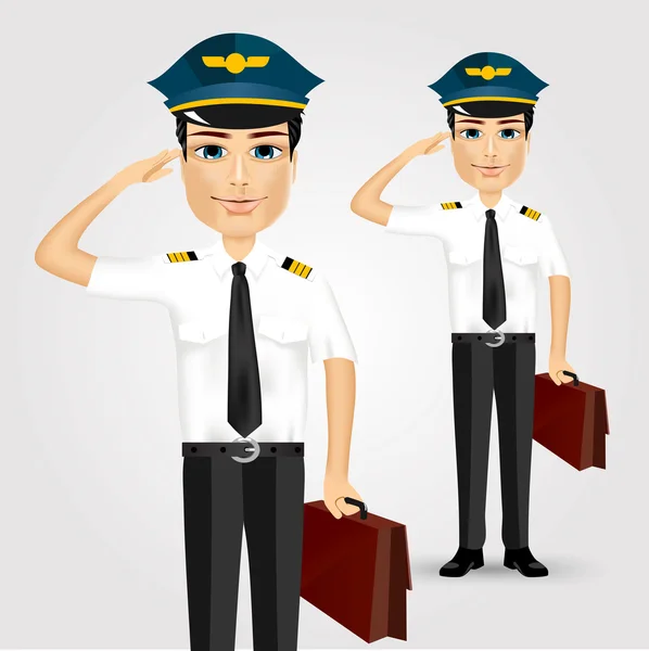Freundlicher Pilot mit Aktentasche salutiert — Stockvektor