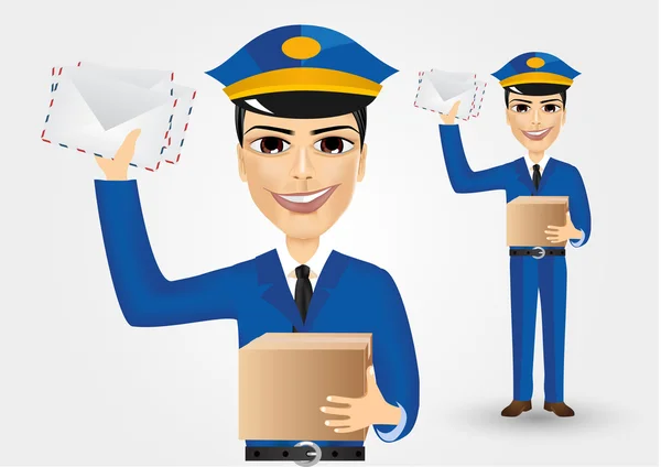 Postbode holding enveloppen en kartonnen doos — Stockvector