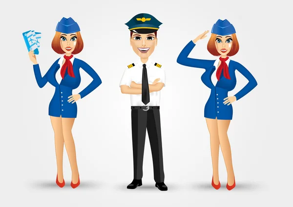 Twee mooie stewardessen en knappe piloot — Stockvector