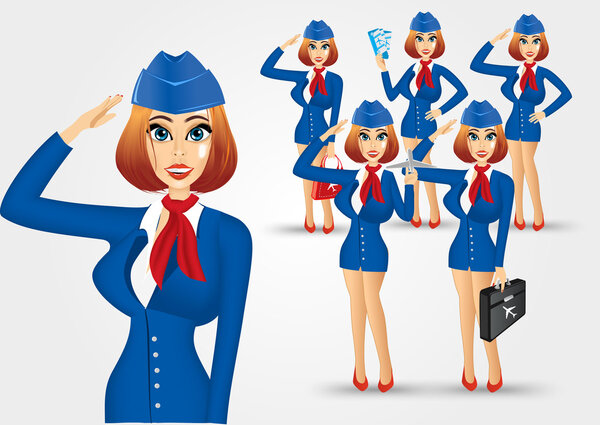 set of young beautiful stewardesses