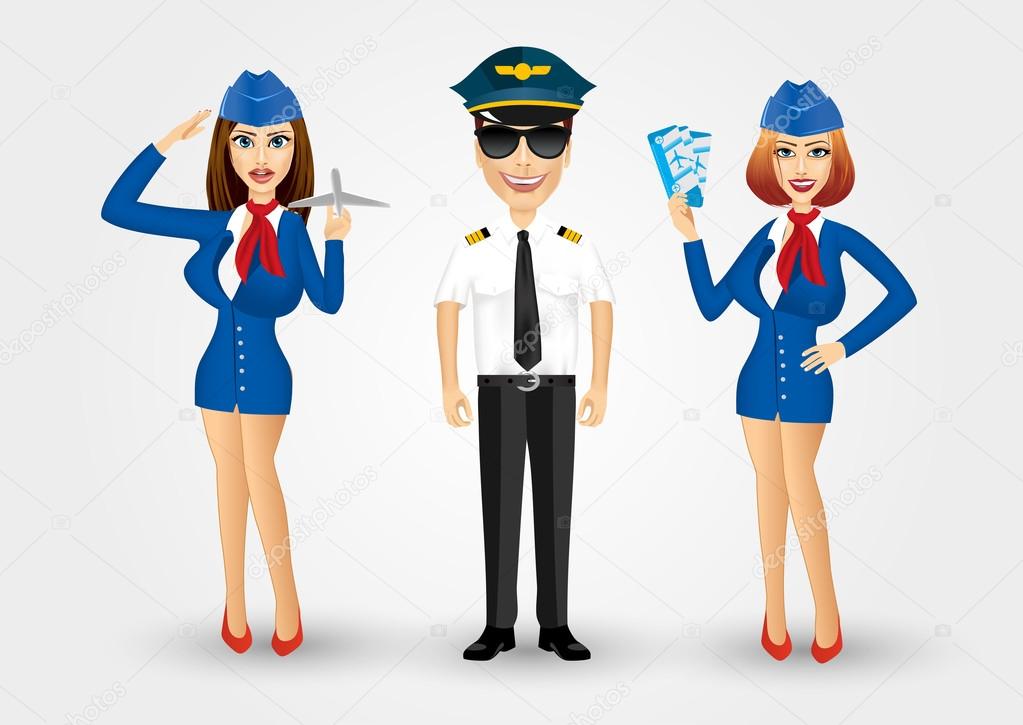 young friendly pilot and two stewardesses
