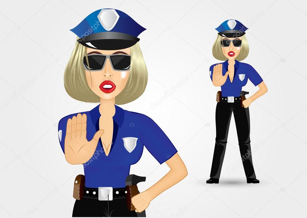 blonde female policewoman cop showing stop gesture