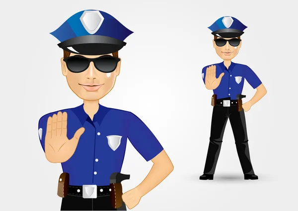 Policeman cop with sunglasses showing stop gesture — Stockvector