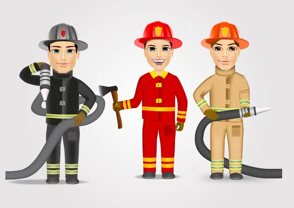 Brandmän i uniform med brandslang — Stock vektor