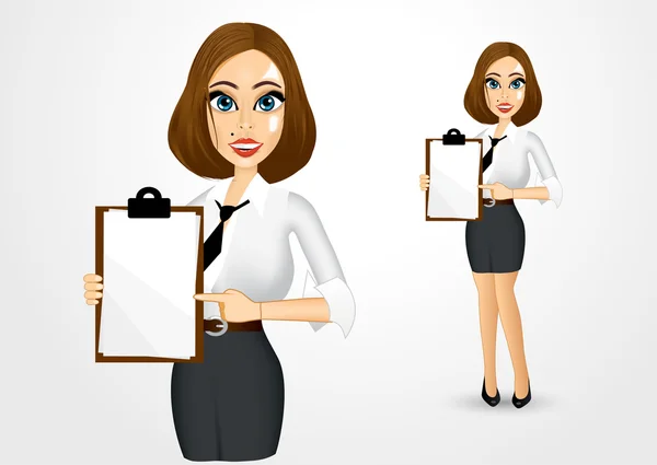 Hermosa mujer de negocios sujetando portapapeles — Vector de stock